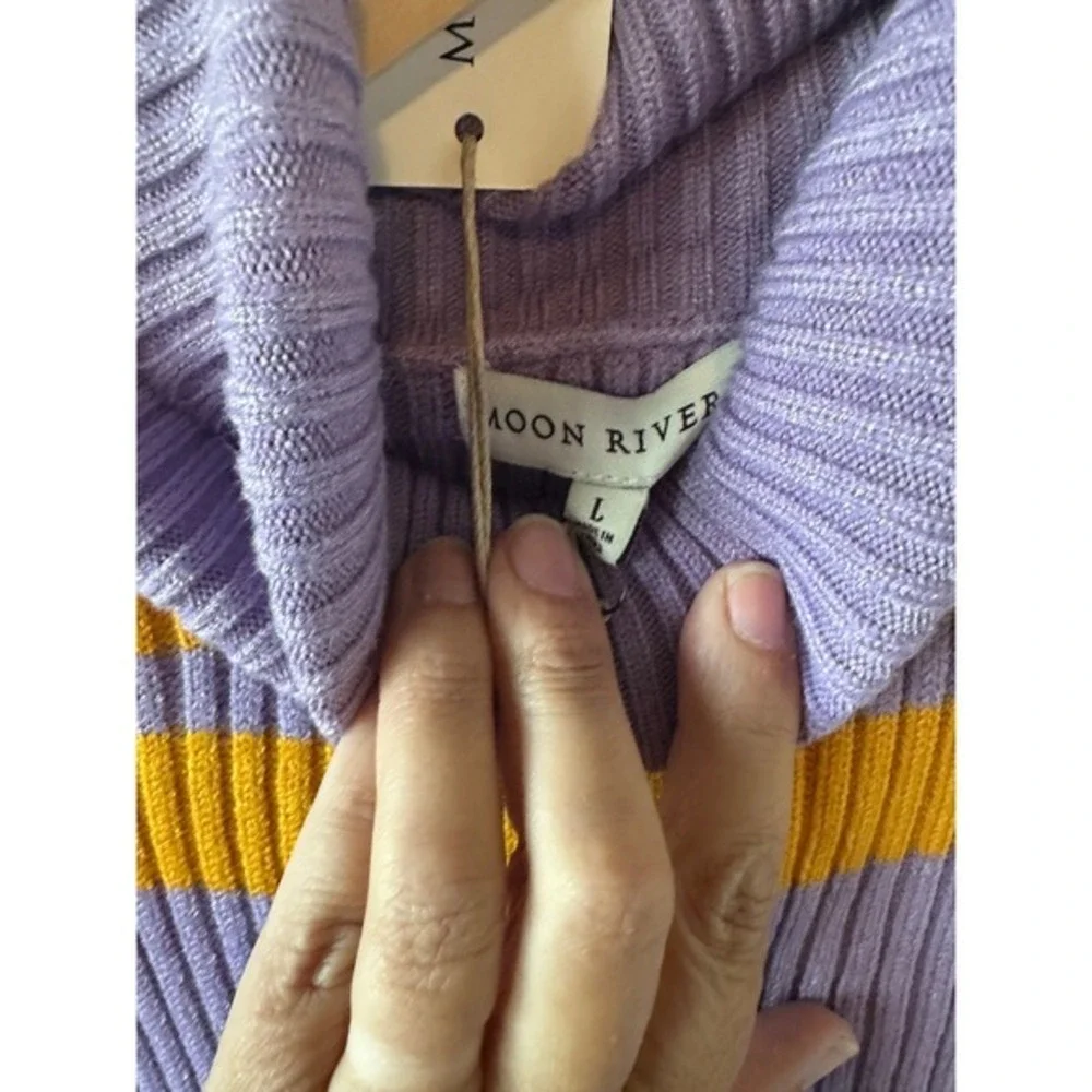 Moon River Turtleneck Midi Dress L Purple Yellow Striped Ribbed Retro Mod